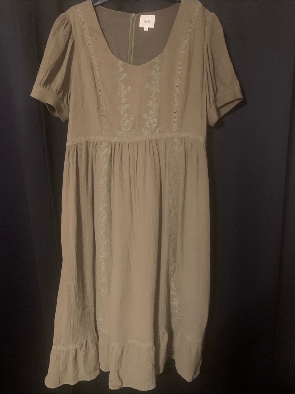 Salt Olive Green Embroidered Midi Dress with Scoop Neck